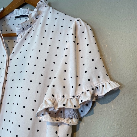 T Tahari Light Blush Spaced Dot Short Sleeve Blouse Size S NWT Ruffle Polka Dot - Picture 11 of 16